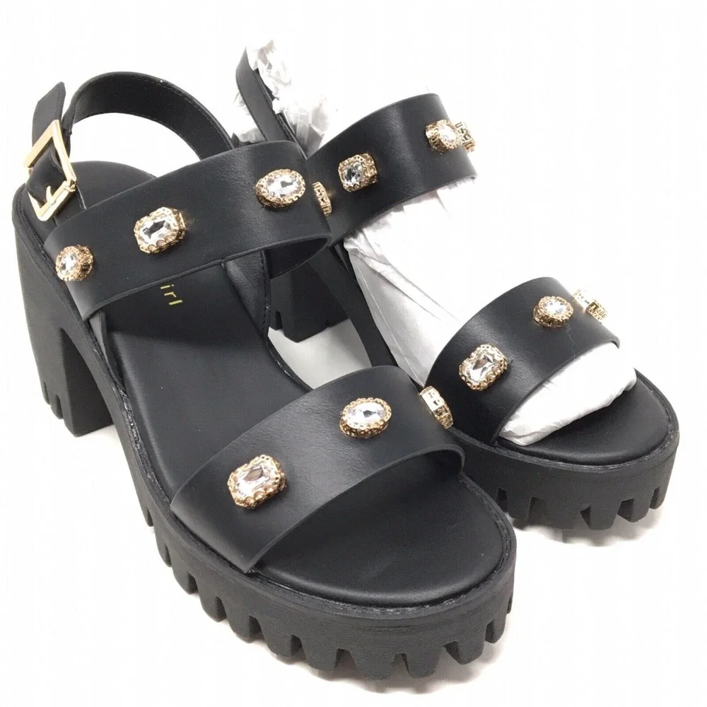 Madden Girl Storrm Women's Size 8.5 Black Jewel Lug Block Heel Platform Sandals - Picture 2 of 7